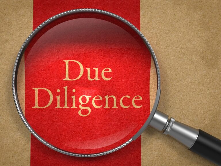 Image is of magnifying glass focusing on words Due Diligence showing concept of asset searches used in business verification